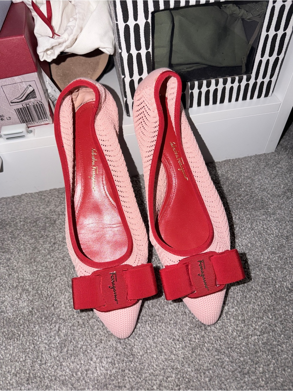 Salvatore Ferragamo Pink Flats with Red Grosgrain Bow